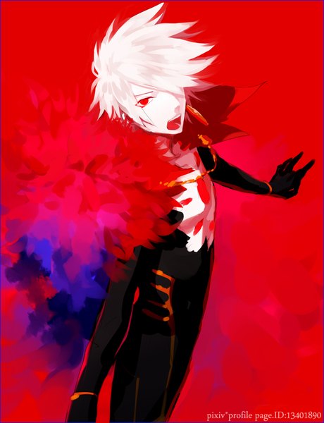 Anime picture 702x914 with fate (series) fate/grand order karna (fate) lancer of red red lancer aosora aoi single tall image fringe short hair open mouth simple background red eyes signed white hair from above hair over one eye spread arms red background boy