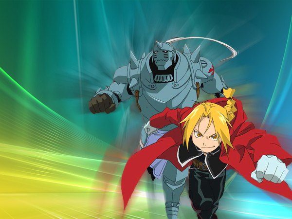 Anime picture 1920x1440 with fullmetal alchemist studio bones edward elric alphonse elric highres blonde hair simple background yellow eyes ahoge grin siblings running brothers boy gloves armor cloak helmet fist