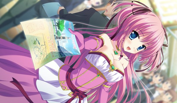 Anime picture 1024x600 with princess evangile rousenin rise long hair blush open mouth blue eyes wide image pink hair game cg girl dress gloves ribbon (ribbons) hair ribbon elbow gloves