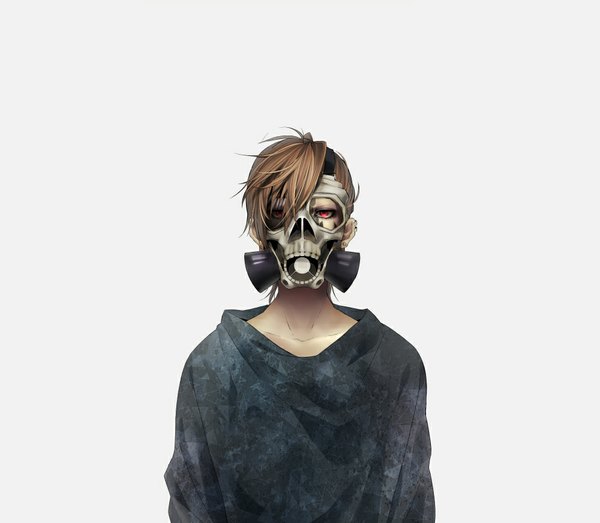 Anime picture 1000x872 with original kawamata single looking at viewer short hair simple background red eyes brown hair grey background piercing ear piercing third-party edit extended mask gas mask