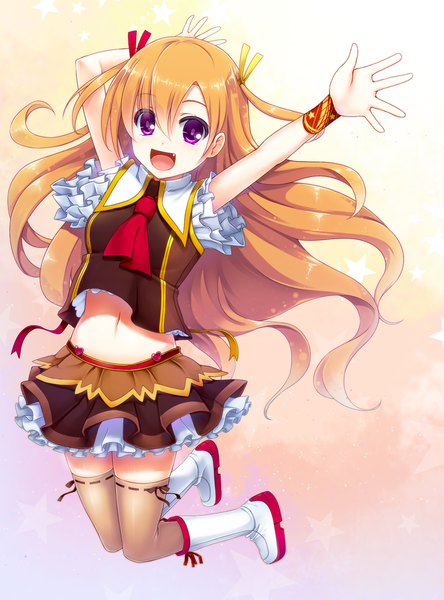 Anime picture 1200x1619 with original soranopin single long hair tall image open mouth blonde hair purple eyes girl thighhighs dress skirt navel ribbon (ribbons) hair ribbon boots