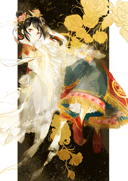 Anime picture 600x849 with love live! school idol project sunrise (studio) love live! yazawa nico chairlog single long hair tall image looking at viewer fringe black hair smile red eyes traditional clothes head tilt japanese clothes wide sleeves hair bun (hair buns) alternate costume sleeves past wrists