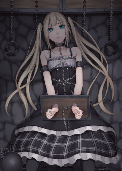 Anime picture 1071x1500 with original heisei yutorin single long hair tall image looking at viewer blue eyes blonde hair twintails bare shoulders bondage girl dress chain shackles