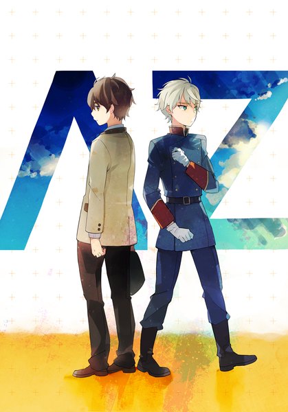 Anime-Bild 699x1000 mit aldnoah.zero a-1 pictures slaine troyard kaizuka inaho takerusilt tall image short hair blue eyes brown hair standing brown eyes looking away full body white hair profile multiple boys back to back military boy gloves