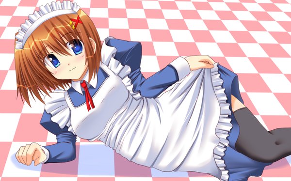 Anime picture 1600x1000 with mahou shoujo lyrical nanoha mahou shoujo lyrical nanoha strikers yagami hayate lask short hair blue eyes brown hair wide image maid dress lift girl thighhighs dress hair ornament hairband apron x hair ornament