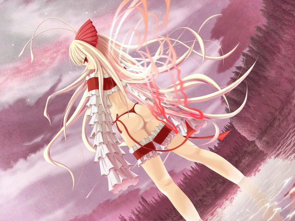 Anime picture 1200x900 with original nanahan (artist) single long hair blush light erotic blonde hair red eyes sky cloud (clouds) ahoge ass long sleeves looking back back insect wings butterfly wings girl underwear panties