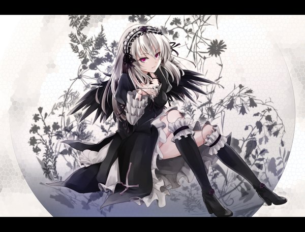 Anime picture 1440x1099 with rozen maiden suigintou shiina shian single long hair red eyes sitting silver hair letterboxed lolita fashion goth-loli doll joints girl dress flower (flowers) plant (plants) wings frills