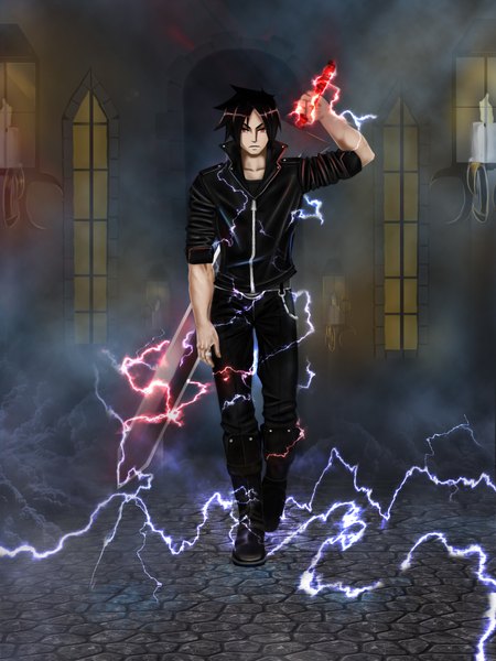 Anime picture 1500x2000 with original air monger single tall image looking at viewer short hair black hair red eyes holding open clothes open jacket magic arm behind back walking glow twisty sleeves lightning fog boy weapon