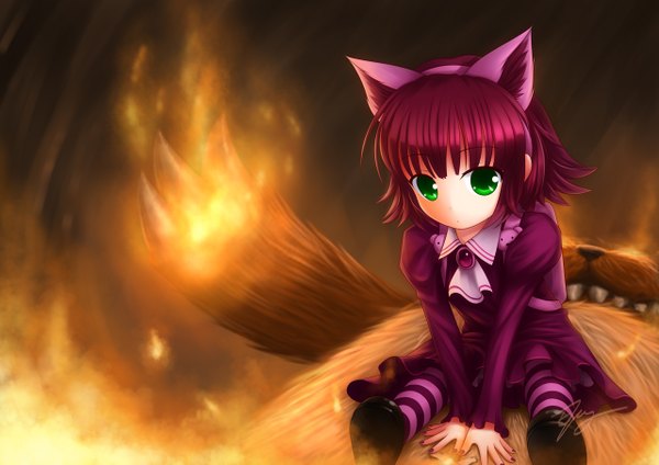 Anime picture 1280x905 with league of legends annie (league of legends) tibbers (league of legends) ricegnat looking at viewer short hair green eyes animal ears pink hair loli magic girl thighhighs dress shoes striped thighhighs fire backpack bear