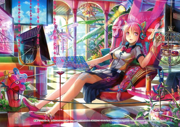 Anime picture 3489x2475 with original fuzichoco single long hair looking at viewer fringe highres open mouth smile hair between eyes sitting animal ears pink hair absurdres full body braid (braids) :d pink eyes cat ears scan