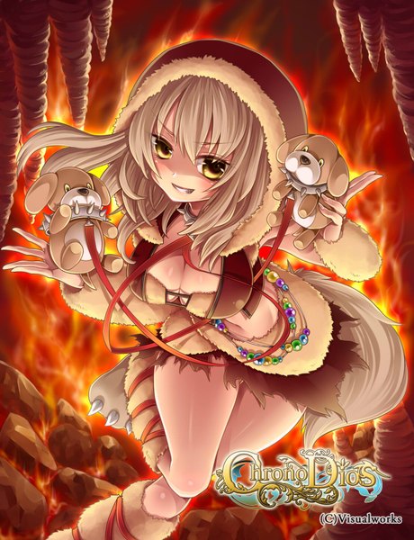 Anime picture 1280x1670 with chrono dios takamiya ren single long hair tall image looking at viewer breasts light erotic smile large breasts yellow eyes cleavage white hair tail animal tail girl toy stuffed animal fire