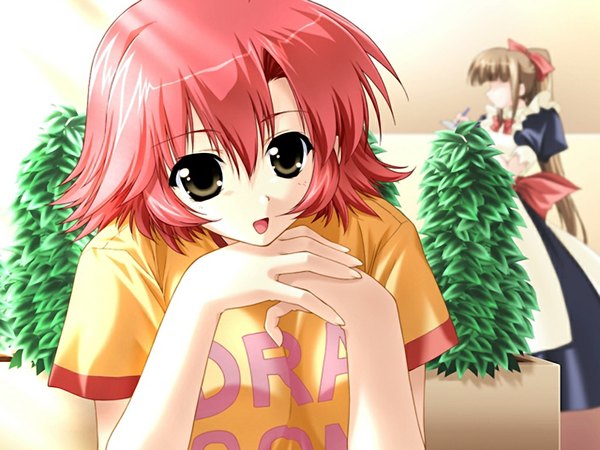 Anime picture 1024x768 with akihabara otaku school (game) short hair open mouth brown eyes game cg red hair girl