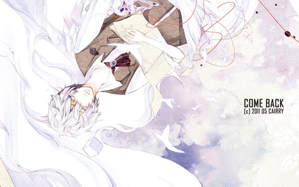 Anime picture 1440x900 with original yaomou meizi single looking at viewer short hair wide image signed white hair lying inscription white eyes boy animal bird (birds) paper thread red thread