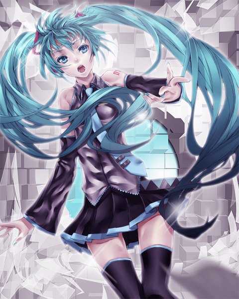 Anime picture 1000x1251 with vocaloid hatsune miku applekun single tall image looking at viewer open mouth twintails very long hair aqua eyes aqua hair tattoo girl skirt detached sleeves miniskirt necktie thigh boots vest
