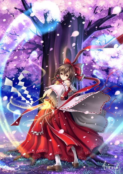 Anime picture 706x1000 with touhou hakurei reimu tidsean single long hair tall image looking at viewer red eyes brown hair cherry blossoms ghost girl plant (plants) detached sleeves petals tree (trees) grass gohei