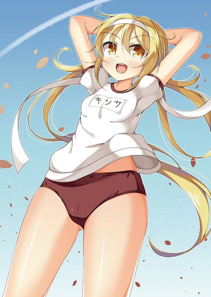 Anime picture 612x859 with kantai collection satsuki destroyer kankitsunabe (citrus) single long hair tall image blush breasts open mouth light erotic blonde hair standing twintails yellow eyes looking away sky ahoge outdoors wind arms up