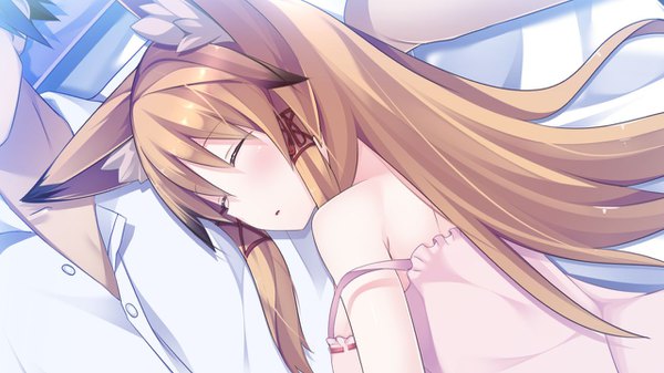 Anime picture 1280x720 with tenkiame kon (tenkiame) haik long hair blush brown hair wide image animal ears payot game cg eyes closed parted lips fox ears fox girl solo focus strap slip open collar sleeping no face girl