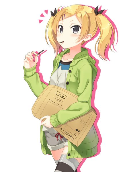 Anime picture 800x1119 with shirobako p.a. works yano erika hyuuga azuri single long hair tall image looking at viewer blush simple background blonde hair white background grey eyes walking surprised girl thighhighs shorts sweets bobby pin