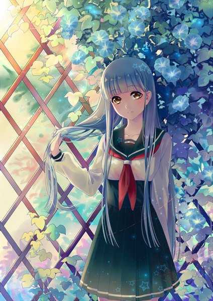 Anime picture 707x1000 with original haneru single long hair tall image looking at viewer blush fringe breasts standing yellow eyes blue hair outdoors blunt bangs long sleeves head tilt pleated skirt sunlight adjusting hair arm behind back