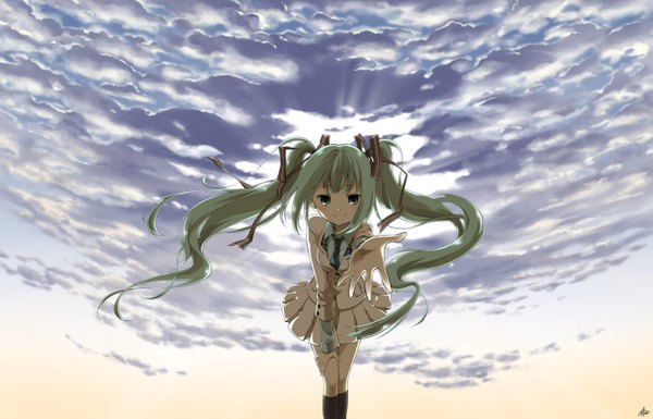 Anime picture 1387x891 with vocaloid hatsune miku miringx2 single long hair twintails green eyes sky cloud (clouds) green hair outstretched arm girl ribbon (ribbons) necktie