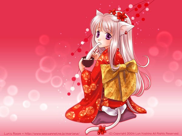 Anime picture 1067x800 with animal ears japanese clothes cat girl girl kimono wagashi mochi