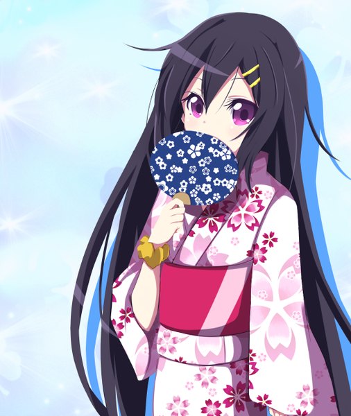 Anime picture 1080x1280 with original amano kouki single long hair tall image looking at viewer fringe black hair standing purple eyes traditional clothes japanese clothes blue background girl hair ornament kimono hairclip fan