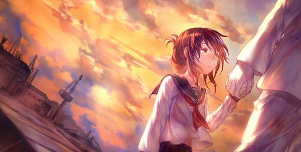 Anime picture 1182x600 with kantai collection inazuma destroyer admiral (kantai collection) azmodan blush short hair brown hair wide image yellow eyes sky cloud (clouds) holding hands head out of frame girl boy gloves uniform white gloves building (buildings) military uniform