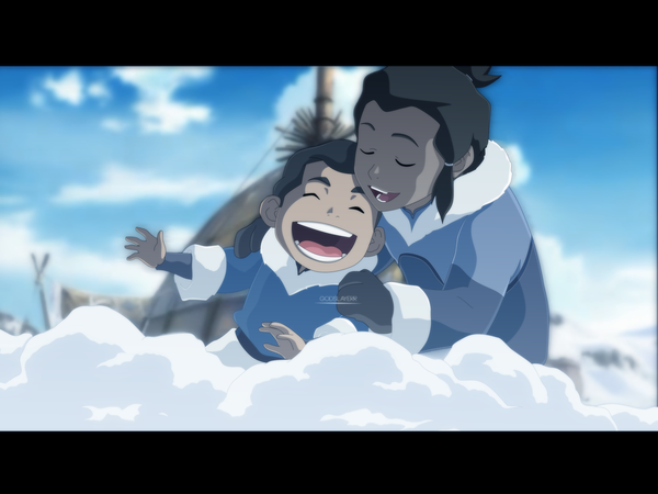 Anime picture 1600x1200 with avatar: the legend of korra amon (avatar) tarrlok godslayerr short hair open mouth black hair smile sky cloud (clouds) eyes closed blurry coloring dark skin letterboxed snow boy child (children) winter clothes mittens