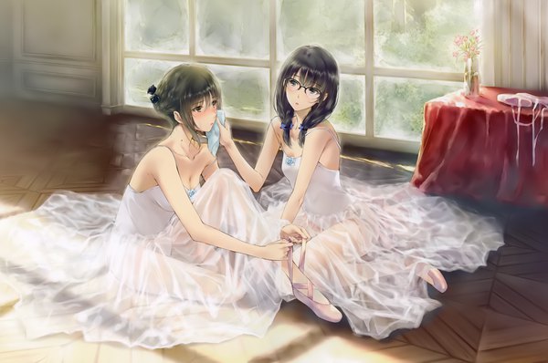 Anime picture 4000x2654 with flowers (innocent grey) innocent grey shirahane suou rikka hanabishi sugina miki long hair blush highres black hair sitting twintails bare shoulders multiple girls looking away absurdres full body indoors head tilt black eyes scan