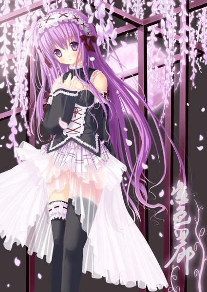 Anime picture 3600x5078 with original spirtie single long hair tall image blush highres standing purple eyes bare shoulders absurdres purple hair girl thighhighs dress black thighhighs detached sleeves petals