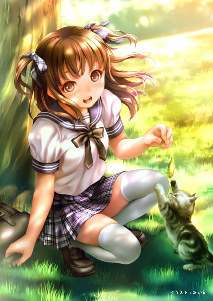 Anime picture 1000x1412 with original moe2013 miiru single long hair tall image looking at viewer blush open mouth brown hair brown eyes two side up girl thighhighs skirt bow plant (plants) hair bow miniskirt white thighhighs