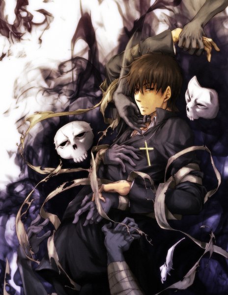 Anime picture 1200x1550 with fate (series) fate/zero type-moon kotomine kirei makoto (author) single tall image looking at viewer short hair brown hair black eyes holding hands smoke ghost hand on face boy pendant mask bandage (bandages) cross
