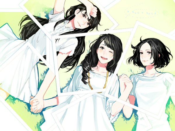 Anime picture 1024x768 with perfume (group) ayano omoto (nocchi) yuka kashino (kashiyuka) ayaka ishiwaki (a-chan) nanatoki looking at viewer blush short hair open mouth black hair smile multiple girls brown eyes lying one eye closed wink holding hands hieroglyph hand on head girl