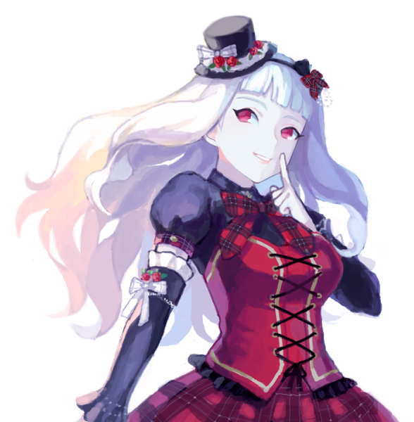 Anime picture 788x805 with idolmaster shijou takane mimizubare single long hair tall image fringe breasts smile red eyes looking away silver hair finger to mouth punkish gothic girl dress hat mini hat mini top hat