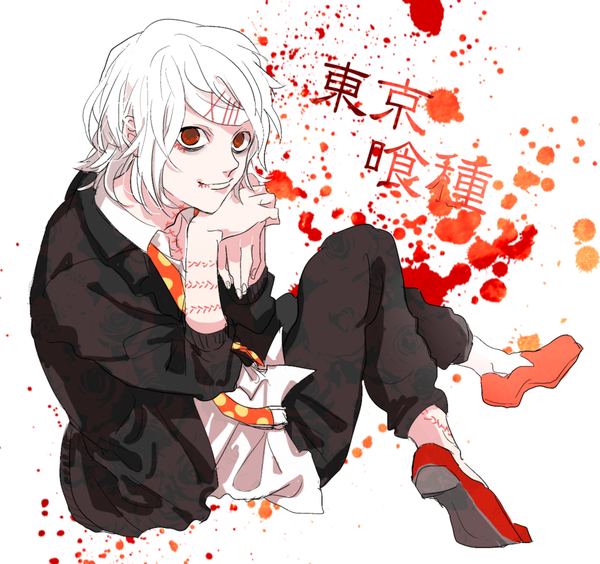 Anime picture 1200x1129 with tokyo ghoul studio pierrot suzuya juuzou mtmt p single looking at viewer short hair red eyes white hair fingernails lips open clothes open jacket crossed legs boy shirt shoes jacket white shirt pants