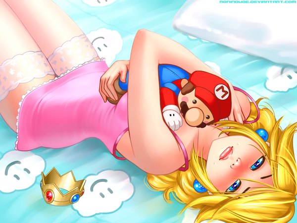 Anime picture 900x675 with super mario bros. princess peach mario ronin dude (ray cornwell) single long hair looking at viewer blush blue eyes light erotic blonde hair lying lips eyebrows girl thighhighs white thighhighs toy stuffed animal crown