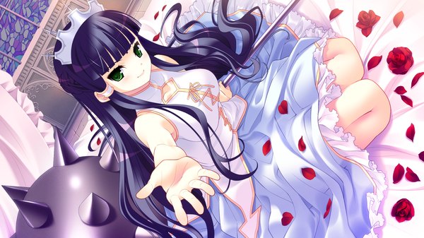 Anime picture 2048x1152 with pochi to goshujin-sama yamamine hijiri bernard long hair highres black hair wide image green eyes game cg outstretched arm girl dress flower (flowers) petals