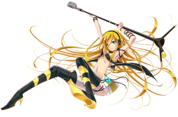 Anime picture 2000x1317 with vocaloid lily (vocaloid) komono2008 single long hair fringe highres light erotic blonde hair simple background smile white background holding aqua eyes no bra midriff flying girl thighhighs skirt