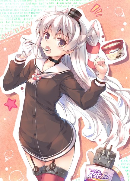 Anime picture 661x920 with kantai collection haagen-dazs amatsukaze destroyer rensouhou-kun hinooka shuuji single long hair tall image blush open mouth brown eyes silver hair inscription two side up character names girl thighhighs gloves hair ornament hat