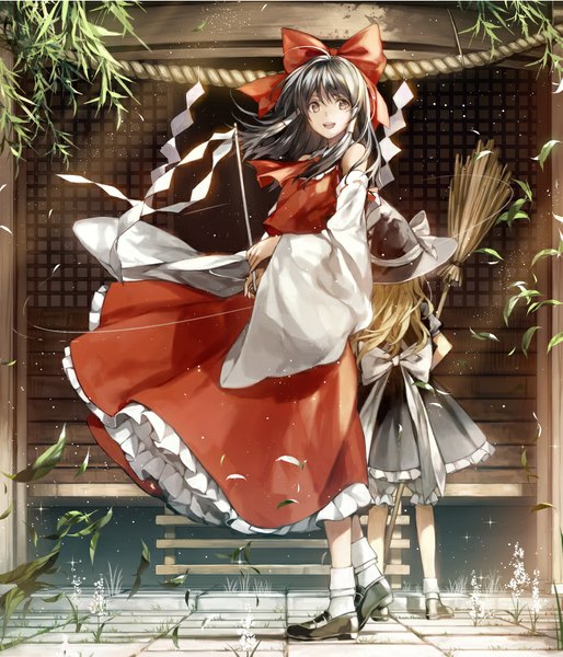 Anime picture 771x900 with touhou hakurei reimu kirisame marisa komecchi long hair tall image looking at viewer fringe open mouth black hair blonde hair bare shoulders multiple girls brown eyes ahoge traditional clothes japanese clothes wind miko girl