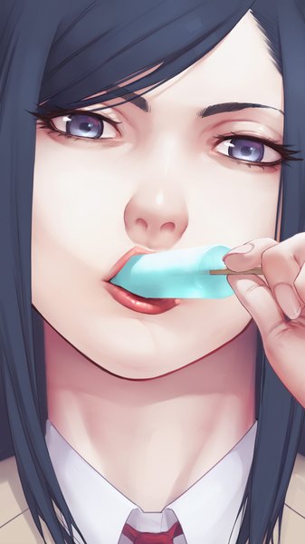 Anime picture 1080x1920 with kangoku gakuen kurihara mari wocky single long hair tall image looking at viewer blue eyes black hair girl food sweets ice cream popsicle