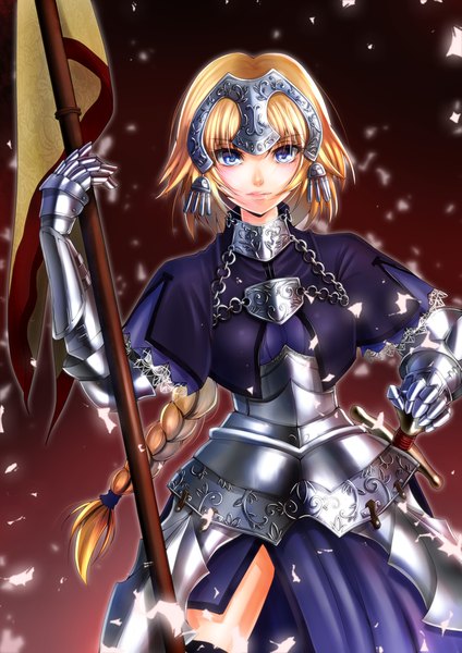 Anime picture 764x1080 with fate (series) fate/apocrypha type-moon jeanne d'arc (fate) (all) jeanne d'arc (fate) amayofoo single long hair tall image blue eyes blonde hair braid (braids) lips single braid girl weapon sword armor banner