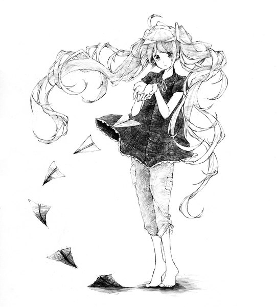 Anime picture 1422x1572 with vocaloid hatsune miku kawana (spicaboy) single long hair tall image looking at viewer fringe simple background standing white background twintails ahoge barefoot wind shadow grey eyes monochrome girl paper airplane