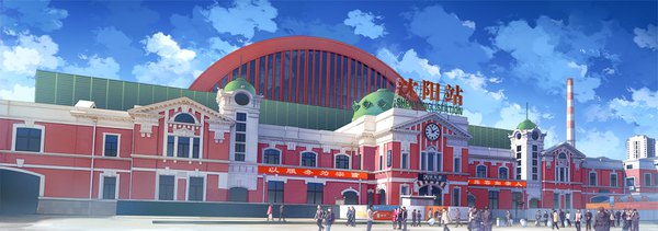 Anime picture 1600x565 with original erich wide image sky cloud (clouds) outdoors real world location building (buildings) clock people train station crowd