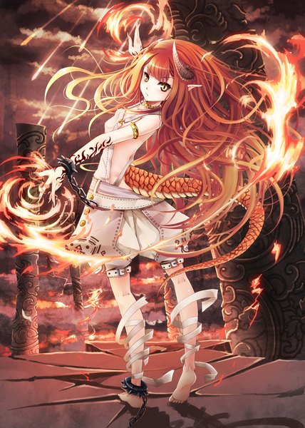 Anime picture 1600x2240 with original wait (artist) single long hair tall image brown eyes sky cloud (clouds) red hair tail horn (horns) pointy ears tattoo girl chain bandage (bandages) fire shackles