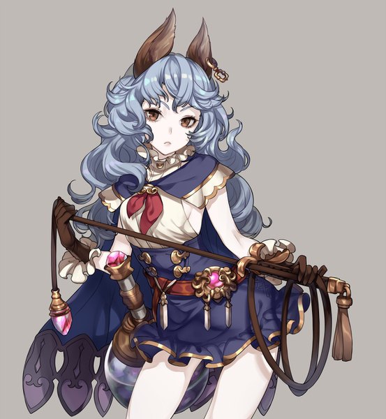 Anime picture 1200x1300 with granblue fantasy ferri (granblue fantasy) yuu (higashi no penguin) single long hair tall image looking at viewer simple background holding brown eyes animal ears blue hair grey background bunny ears piercing ear piercing wavy hair white skin erune girl