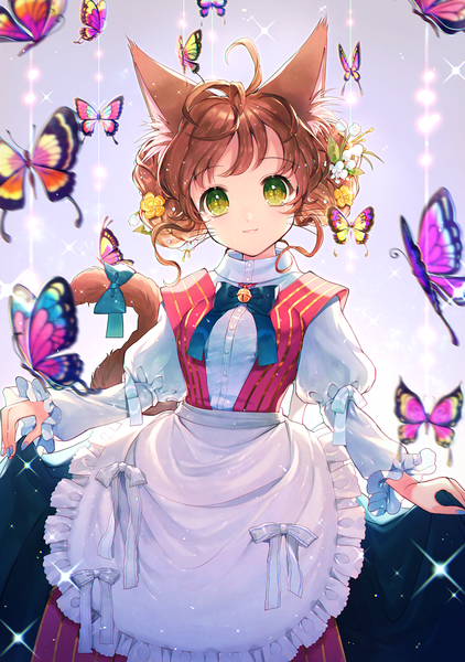 Anime picture 870x1236 with original momoshiki tsubaki single tall image looking at viewer fringe short hair brown hair standing holding green eyes animal ears ahoge tail long sleeves animal tail hair flower light smile blurry cat ears