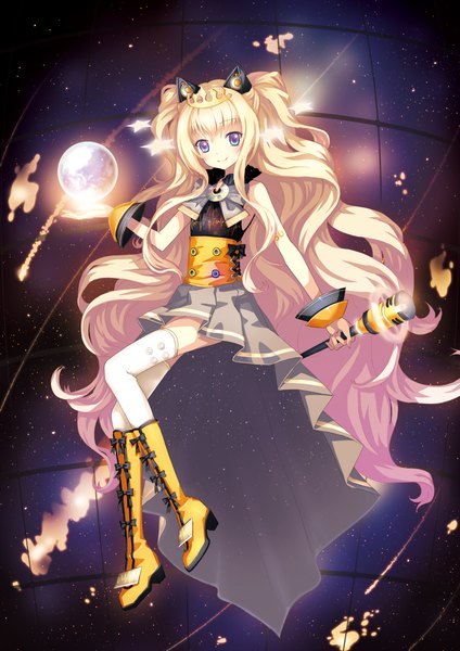 Anime picture 1500x2121 with vocaloid seeu juke single tall image looking at viewer blue eyes blonde hair very long hair girl thighhighs dress white thighhighs boots microphone crown