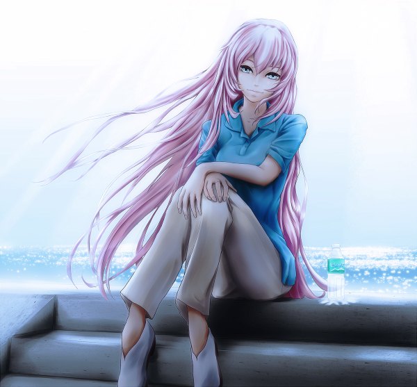 Anime picture 1200x1114 with vocaloid megurine luka museum2088 single long hair fringe short hair sitting pink hair aqua eyes light smile wind crossed arms girl shoes pants t-shirt