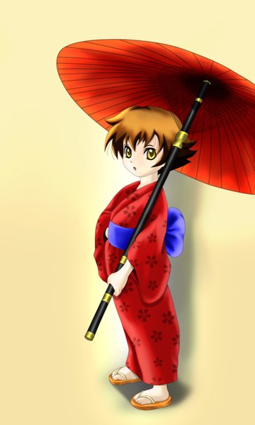 Anime picture 1024x1707 with history's strongest disciple kenichi shirahama honoka heli-0i single tall image short hair open mouth simple background brown hair brown eyes loli coloring chinese clothes girl bow umbrella chinese dress oriental umbrella